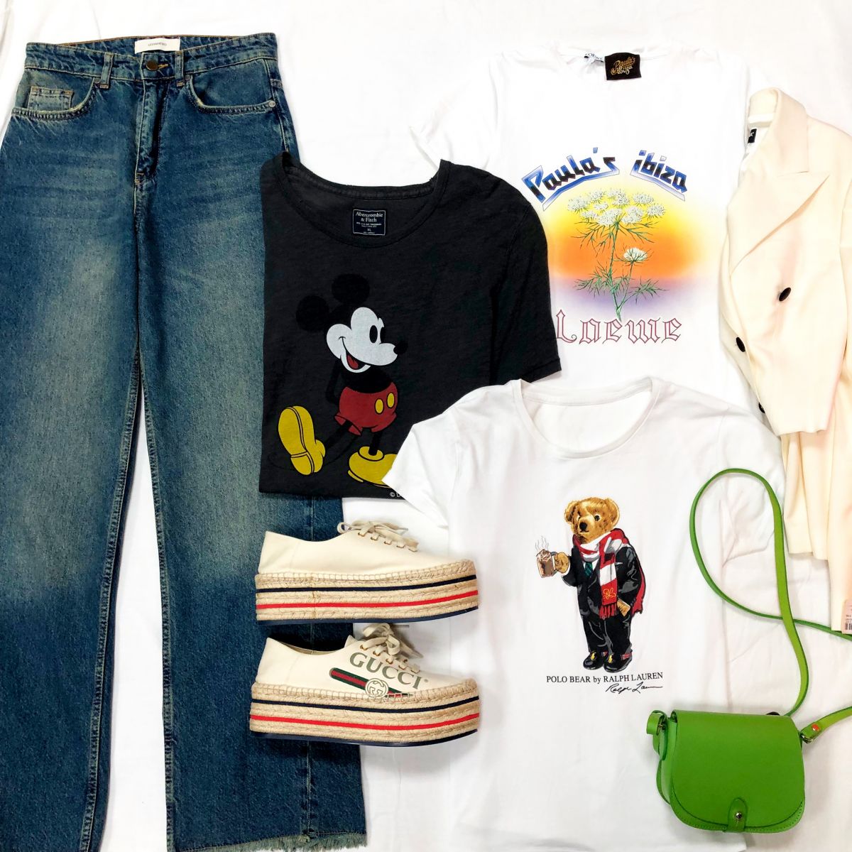 Футболки Loewe&amp; Paula’s ibiza/ Polo RL / A&amp;F размер S цена по 4 697 руб 
Джинсы Lesya Nebo размер XS цена 9 393 руб 
Эспадрильи Gucci размер 39 цена 15 655 руб /новые/ 
Сумочка RALPH LAUREN