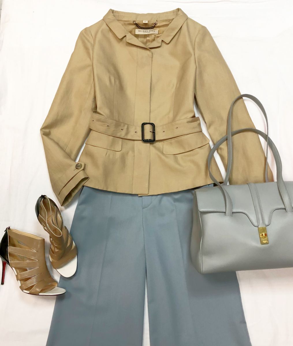 Жакет BURBERRY размер 40/44 цена 10 770 руб 
Брюки CHLOE размер 38 цена 7 693 руб 
Сумка CELINE