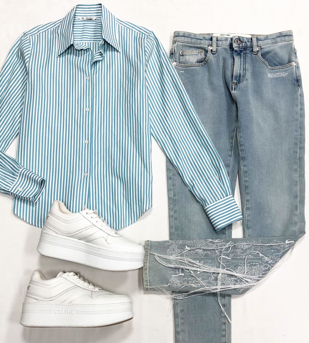 Рубашка размер 40 цена 9 393 рубДжинсы Off White размер 26 цена 15 655 рубКроссовки Celine размер 38 цена 46 965 руб