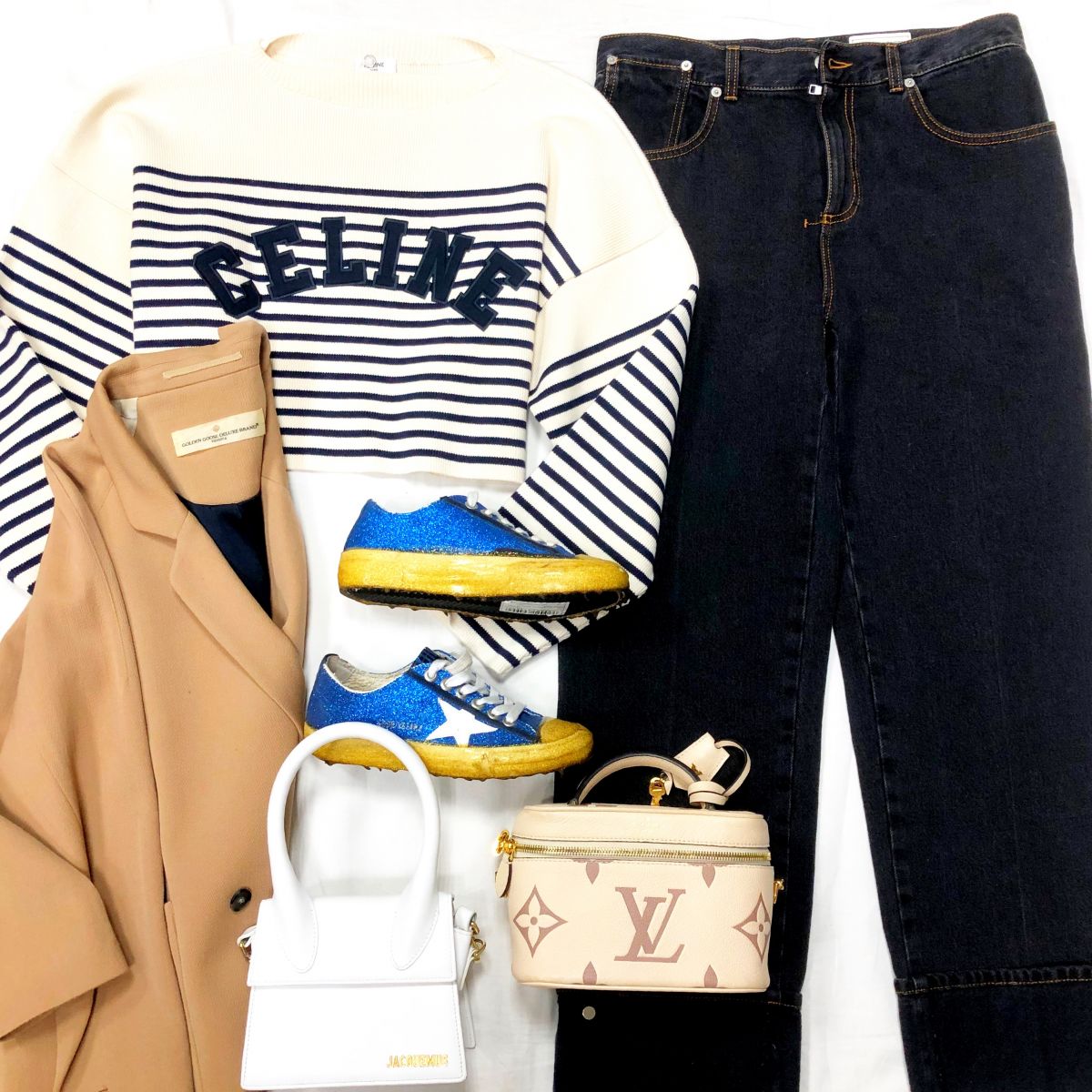 Свитер Celine размер XS цена 46 965 руб 
Джинсы Alexander McQueen размер 29 цена 23 483 руб 
Жакет GGBD размер М цена 18 786 руб 
Кеды GGBD размер 36 цена 15 655 руб 
Сумочки JACQMOUSE/ LOUIS VUITTON