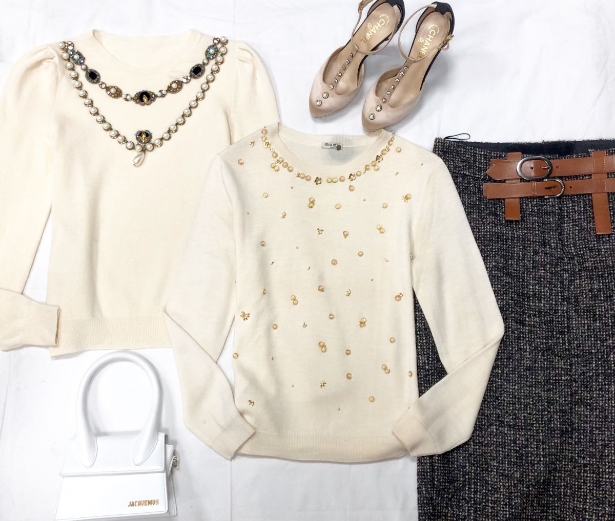 Свитера Gucci / Miu Miu /декоративные элементы/ размер M цена 15 655 руб / 31 314 руб Юбка /твид/ Tom Ford размер 40 цена 31 310 руб Туфли Chanel размер 39.1/2 цена 15 655 руб Сумочка JACQMOUSE