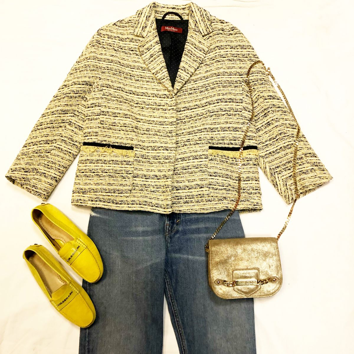 Жакет /твид/ Max Mara размер 36/40 цена 7 693 руб Джинсы Vince размер 30 цена 4 616 руб Мокасины Paul Shark размер 37 цена 3 846 руб Сумка Jimmy Choo