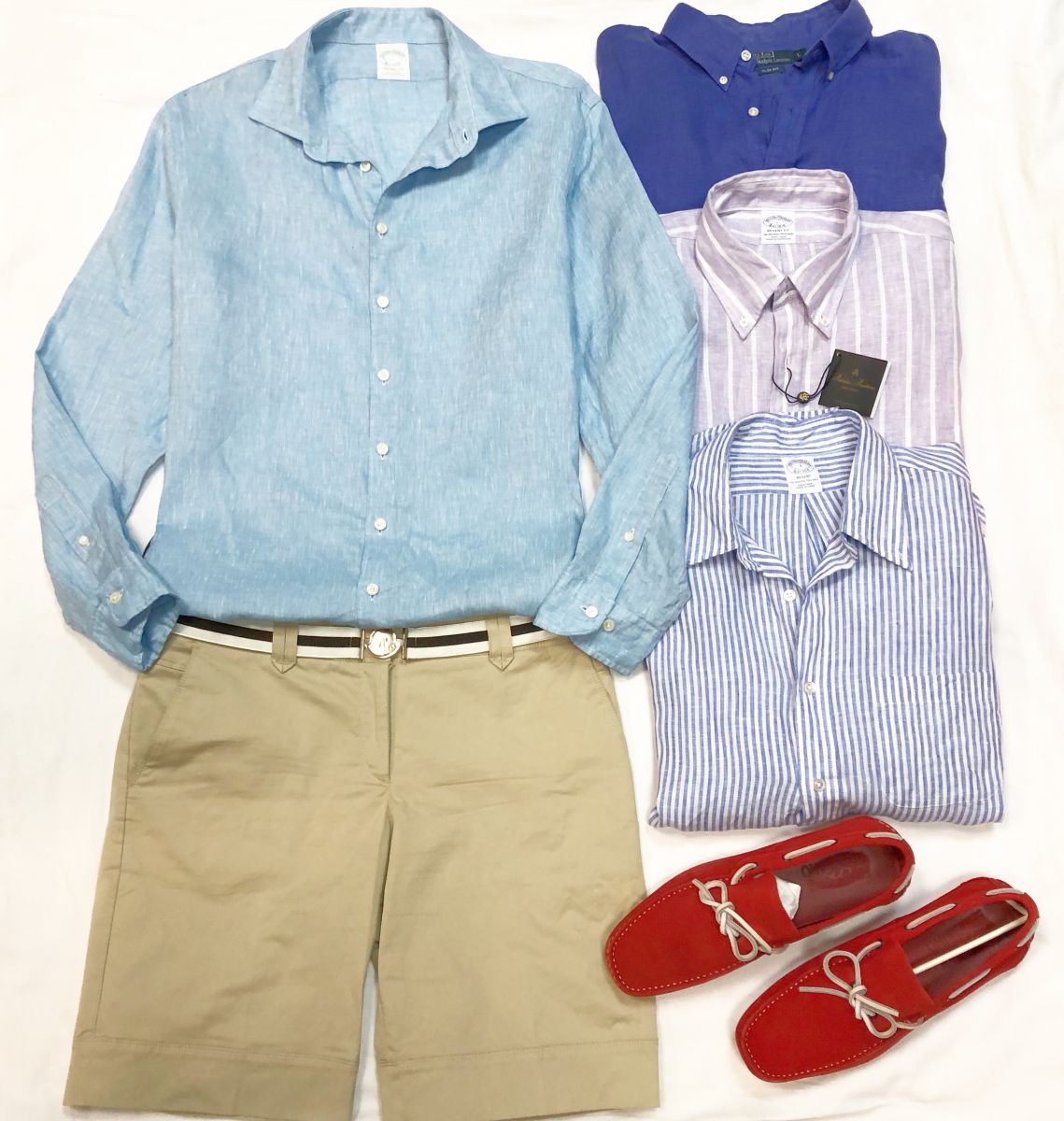 #Mechtamen
Рубашки /лён/ BROOKS BROTHERS est.1881 размер L цена по 7 693 руб /с ценником/ 
Шорты MONCLER размер 48 цена 3 846 руб 
Мокасины SALVATIRE FERRAGAMO размер 42.5 цена 10 770 руб