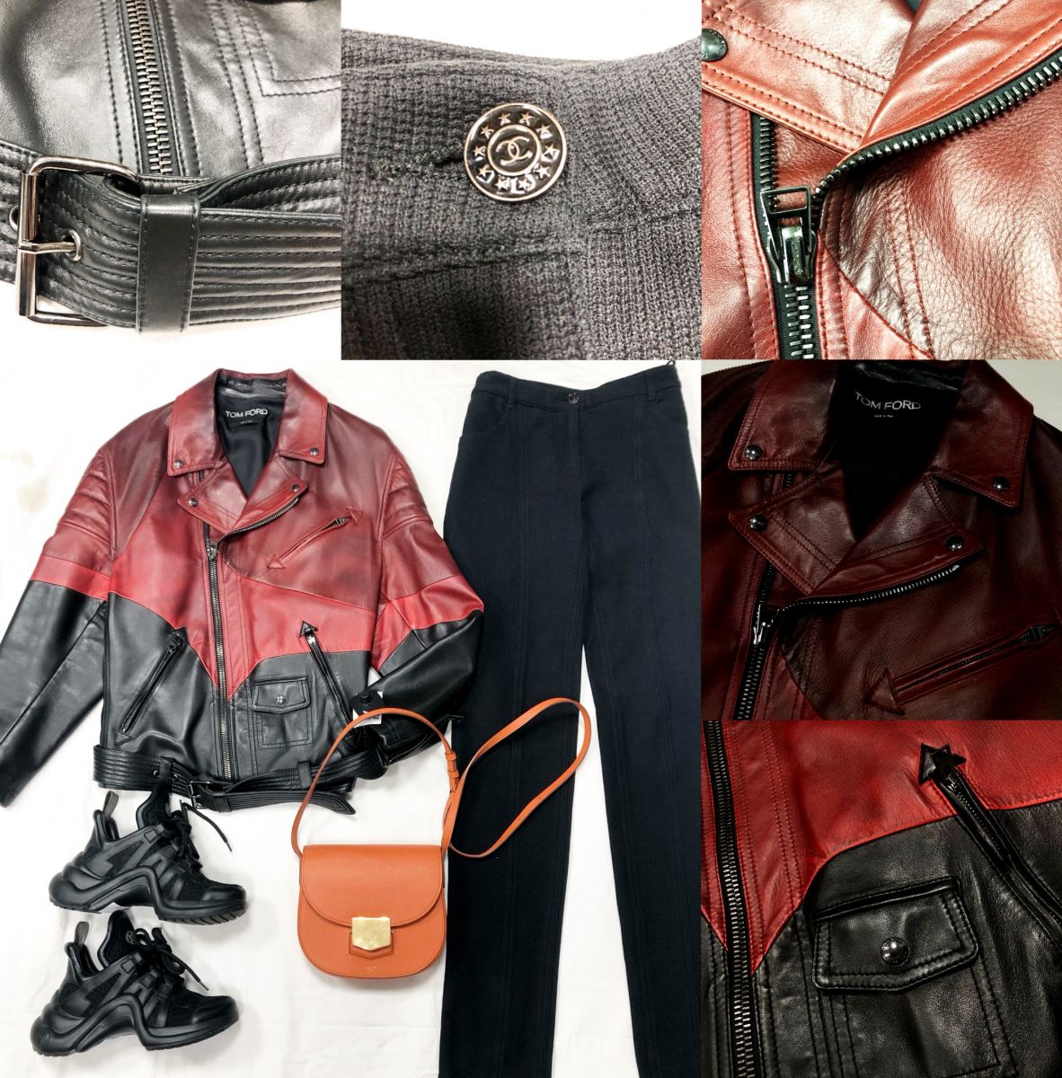 Куртка /кожа/ Tom Ford размер XS цена 125 242 руб 
Брюки Chanel размер 38 цена 12 524 руб 
Кроссовки Louis Vuitton размер 35 цена 23 483 руб
Сумка Celine
