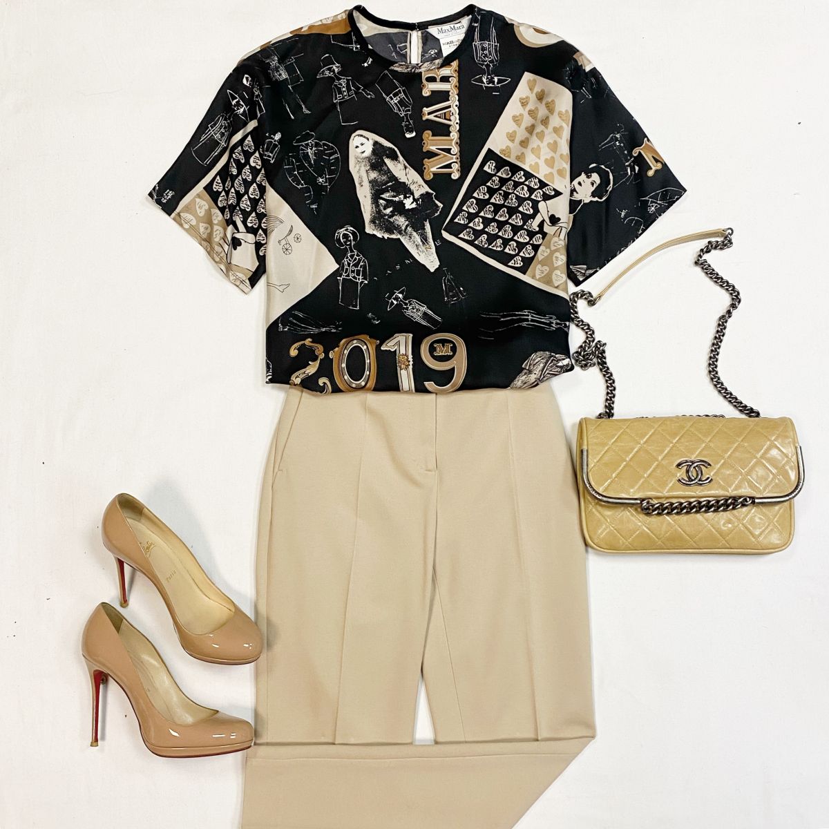 Блузка Max Mara размер 38 цена 7 693 рубБрюки Max Mara размер 40 цена 6 154 рубТуфли Louboutin размер 40 цена 12 308 рубСумка Chanel