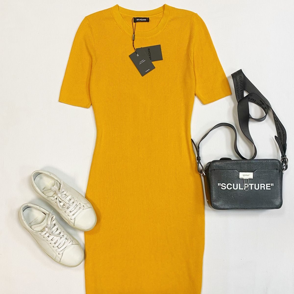 Платье Naadam размер L цена 5 385 рубКеды Saint Laurent размер 36.5 цена 23 078 рубСумка Off White