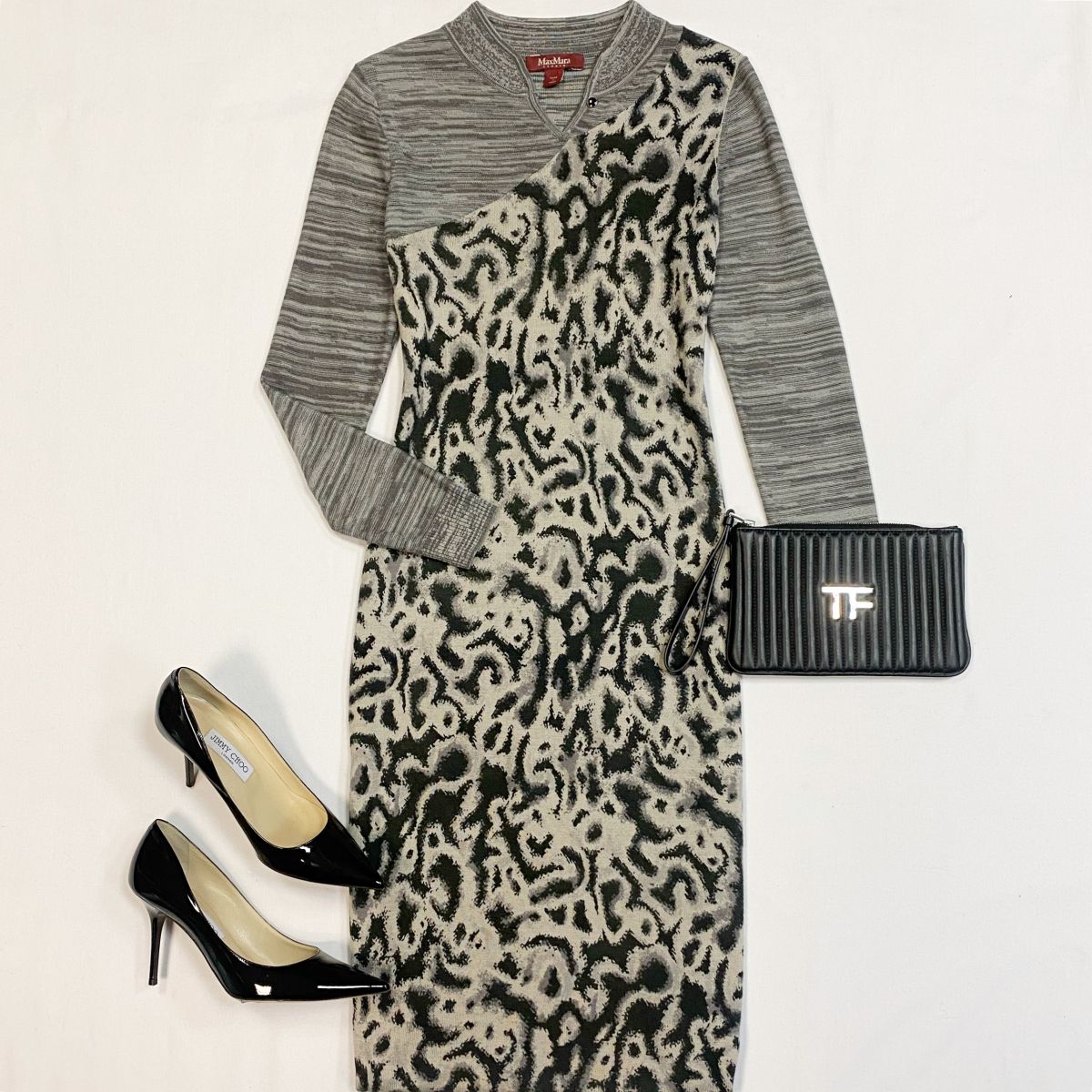 Платье Max Mara размер 38 цена 7 693 рубТуфли Jimmy Choo размер 39 цена 15 385 рубКлатч Tom Ford