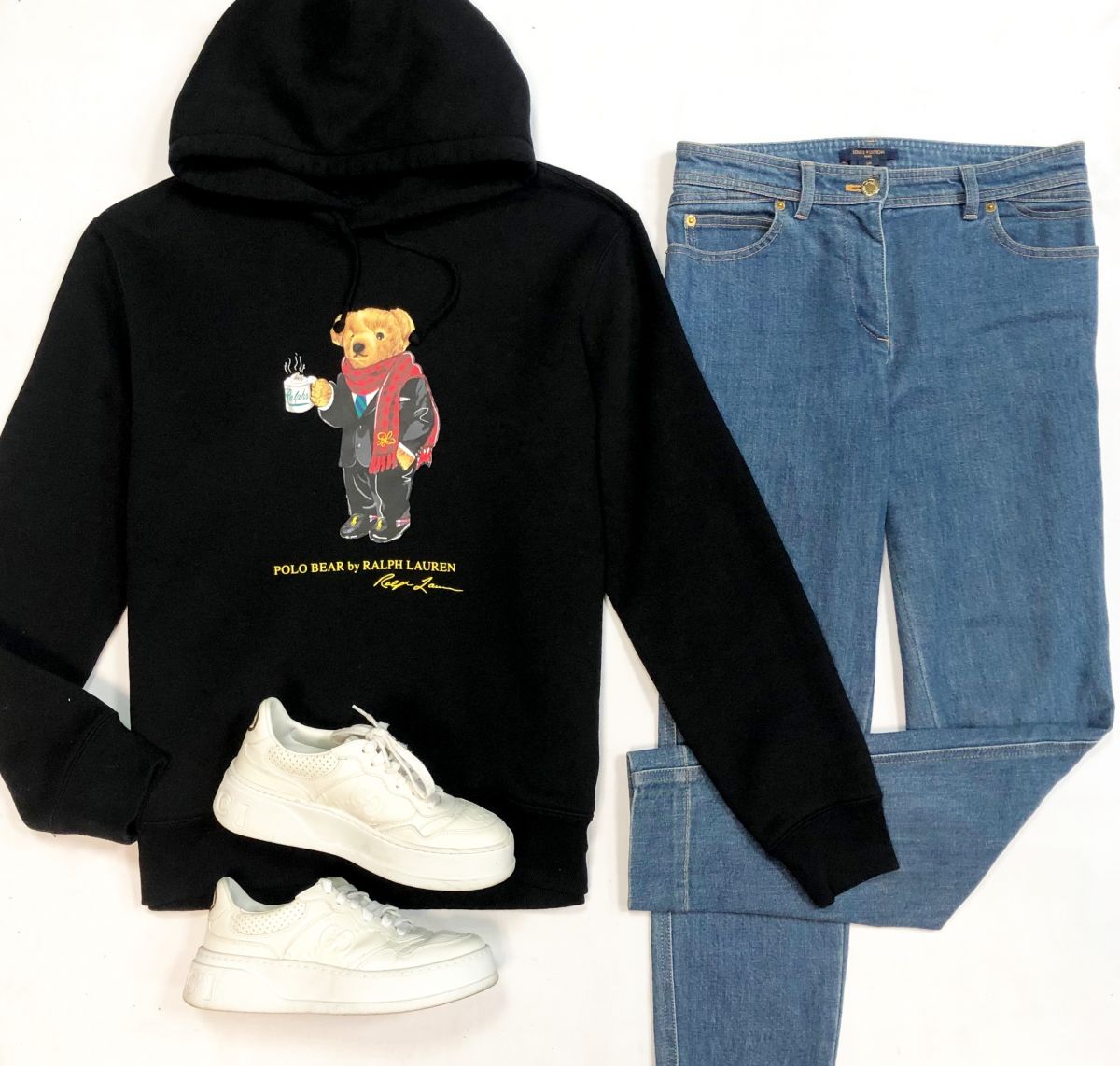 Толстовка Ralph Lauren размер M цена 7 693 рубДжинсы Louis Vuitton размер 38 цена 12 308 рубКеды Gucci размер 36 цена 15 385 руб