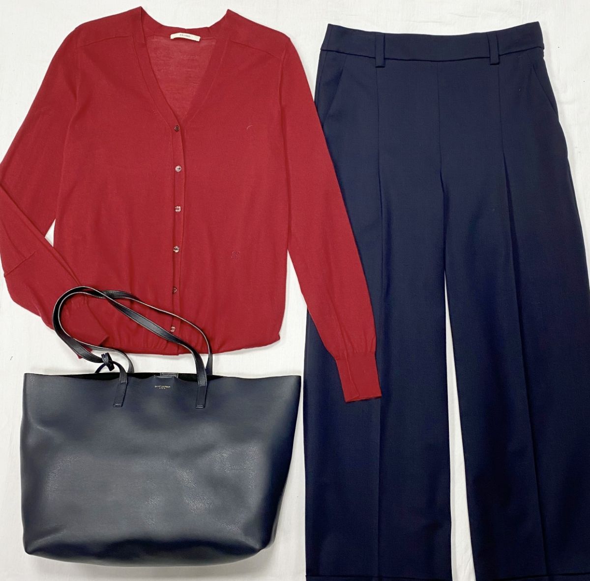 Кардиган Celine размер L цена 15 655 руб
Брюки Brunello Cucinelli размер 42 цена 23 483 руб 
Сумка Saint Laurent