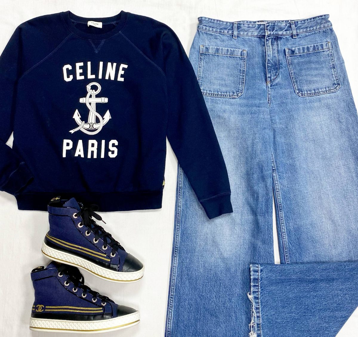 Толстовка Celine размер S цена 31 310 руб Джинсы Christian Dior размер 42 цена 31 310 руб Кеды Chanel размер 39.5 цена 51 662 руб