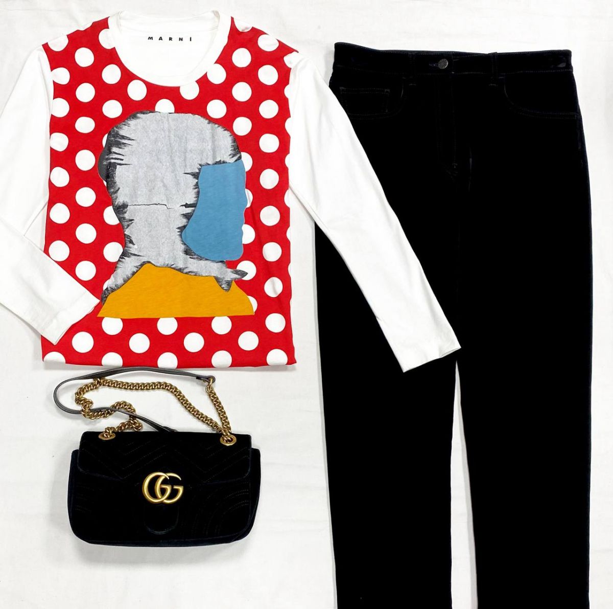 Брюки /бархат/ Prada размер 27 цена 31 310 рубКофта Marni размер 42 цена 4 697 рубСумка Gucci