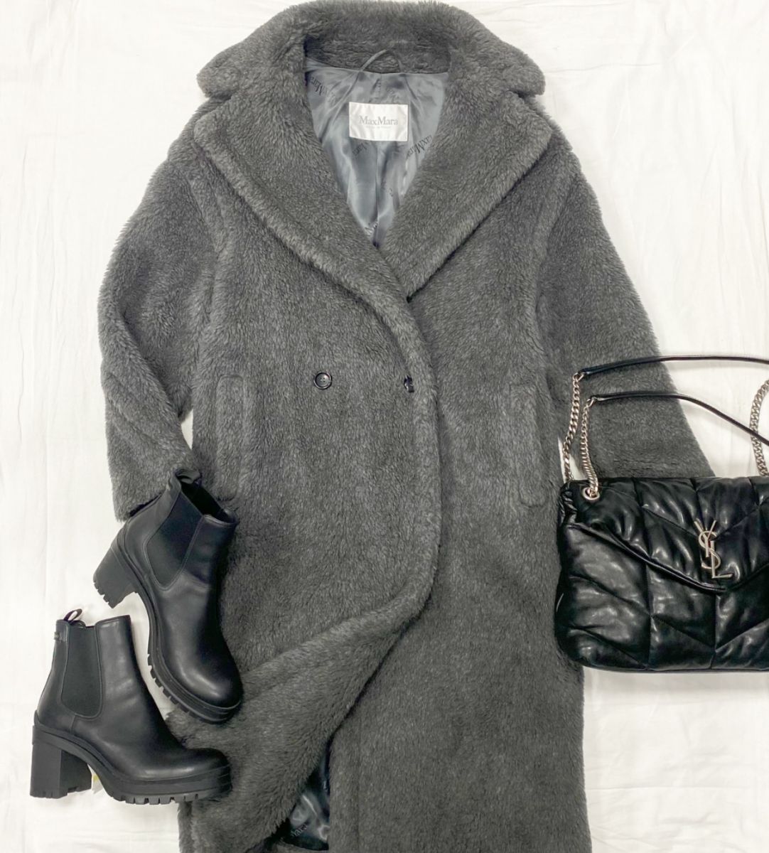 Пальто Тедди Max Mara размер S цена 78 205 руб Ботинки Prada размер 39.5 цена 31 282 руб Сумка Saint Laurent