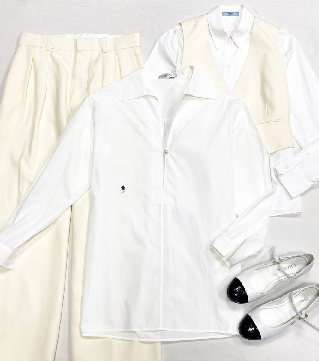 Костюм Wardrobe размер M цена 62 620 рубРубашка Christian Dior размер 38 цена 46 965 рубРубашка Prada размер 42 цена 31 310 рубБалетки Chanel размер 39.5 цена 78 275 руб