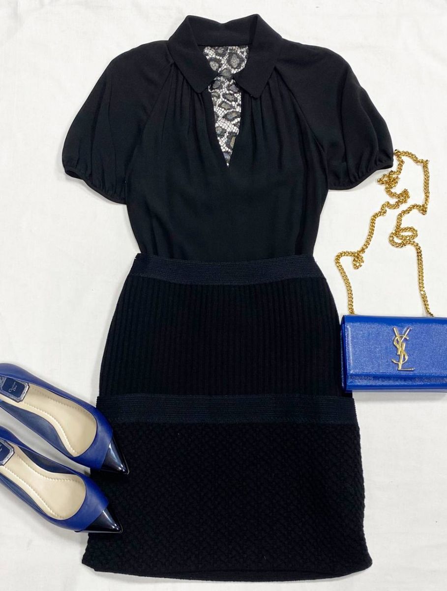 Юбка Chanel размер 50 цена 31 310 руб
Блузка Saint Laurent размер 40 цена 10 959 руб
Балетки Christian Dior размер 40 цена 23 483 руб
Сумочка Saint Laurent 