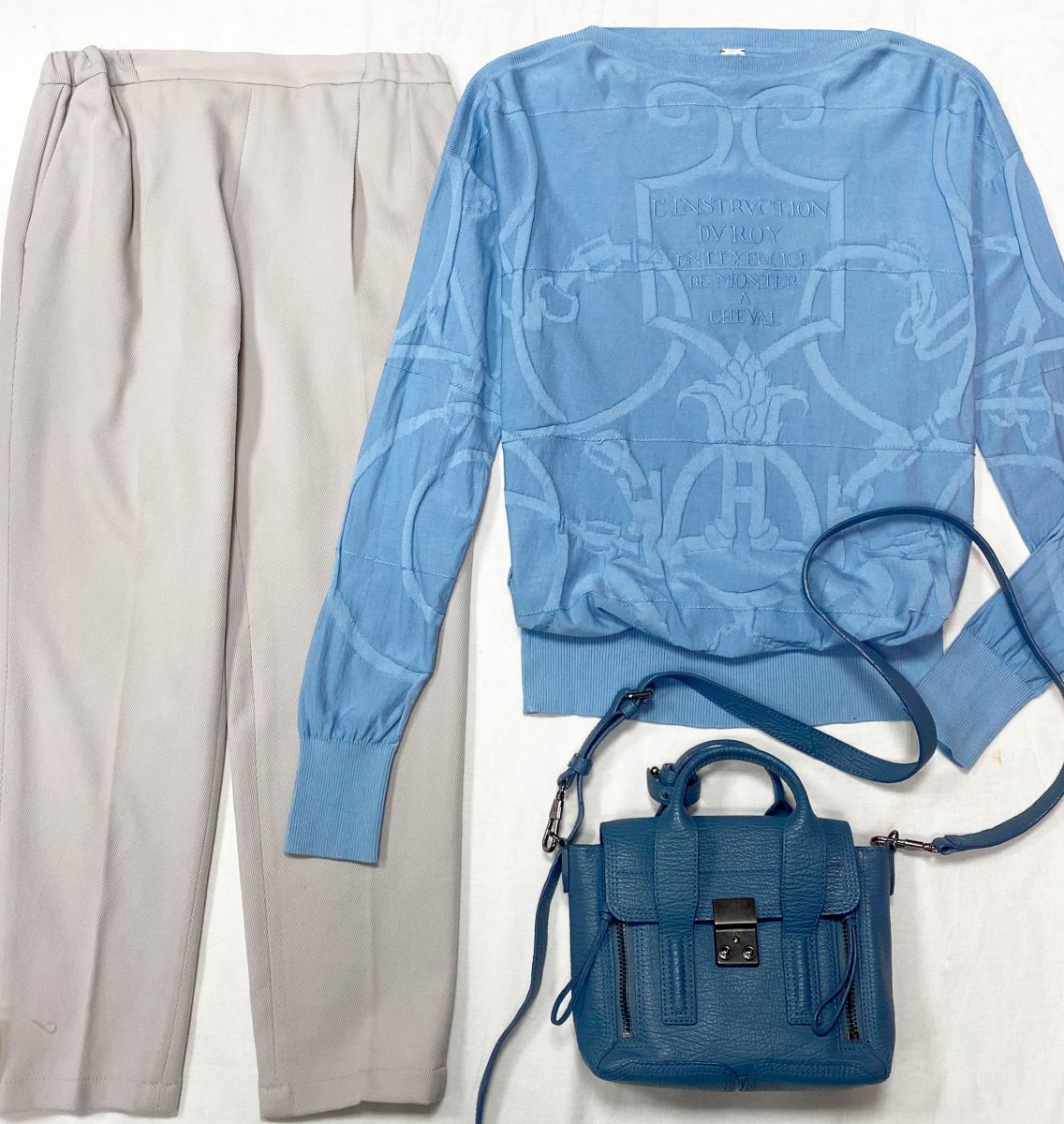 Кофта Hermès размер 38 цена 23 483 руб 
Брюки Brunello Cucinelli размер 42 цена 15 655 руб 
Сумка Phillip Lim 