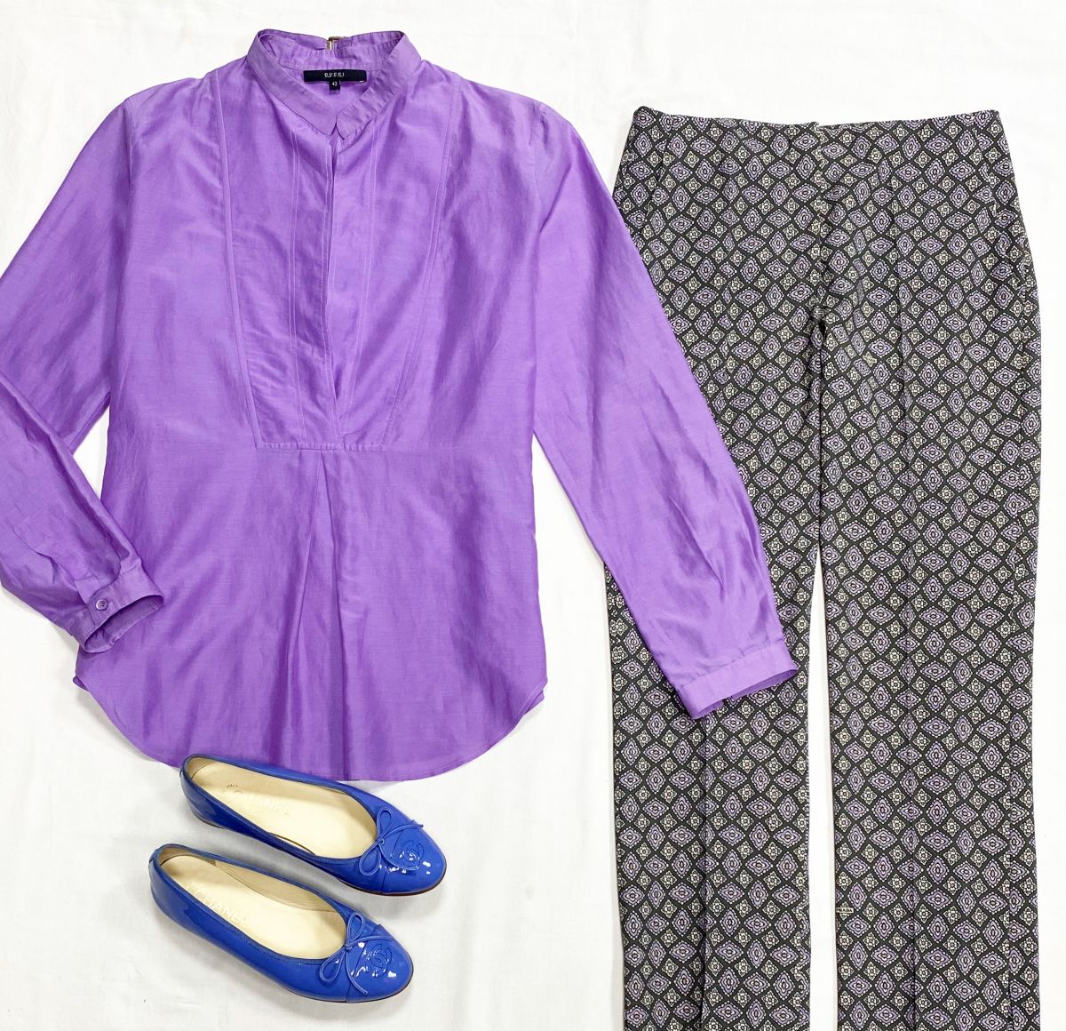 Брюки Prada размер 38 цена 12 524 рубБлузка Gucci размер 42 цена 10 959 рубБалетки Chanel размер 37.5 цена 31 310 руб