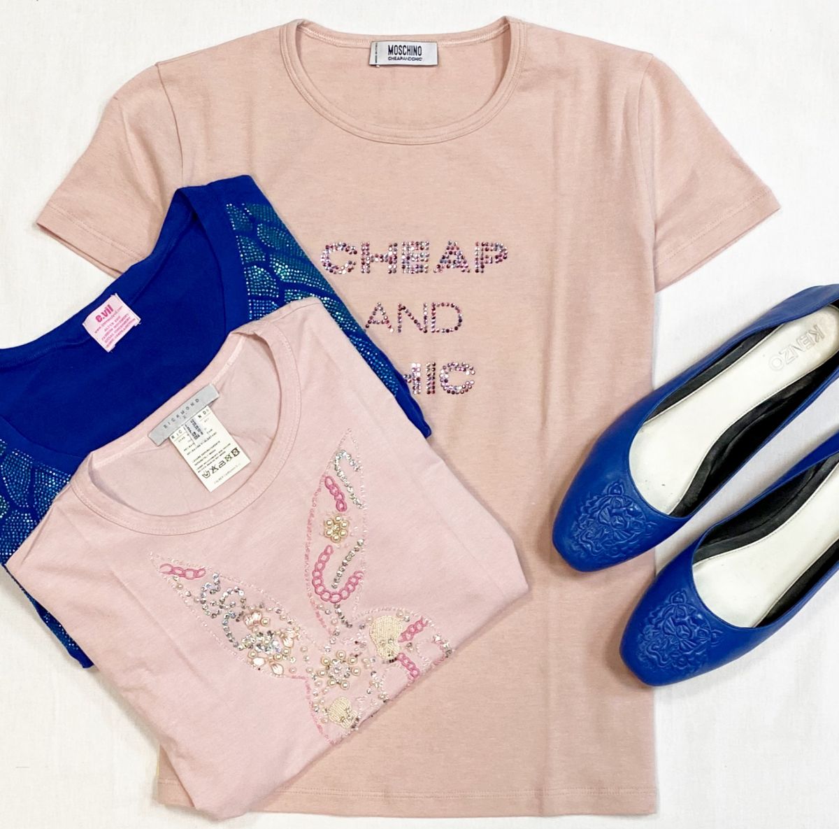 Футболки/камни/  Moschino / Richmond / размер S/42/46 цена от 4 616 руб до 7 693 руб
Балетки Kenzo размер 40 цена 6 154 руб 
