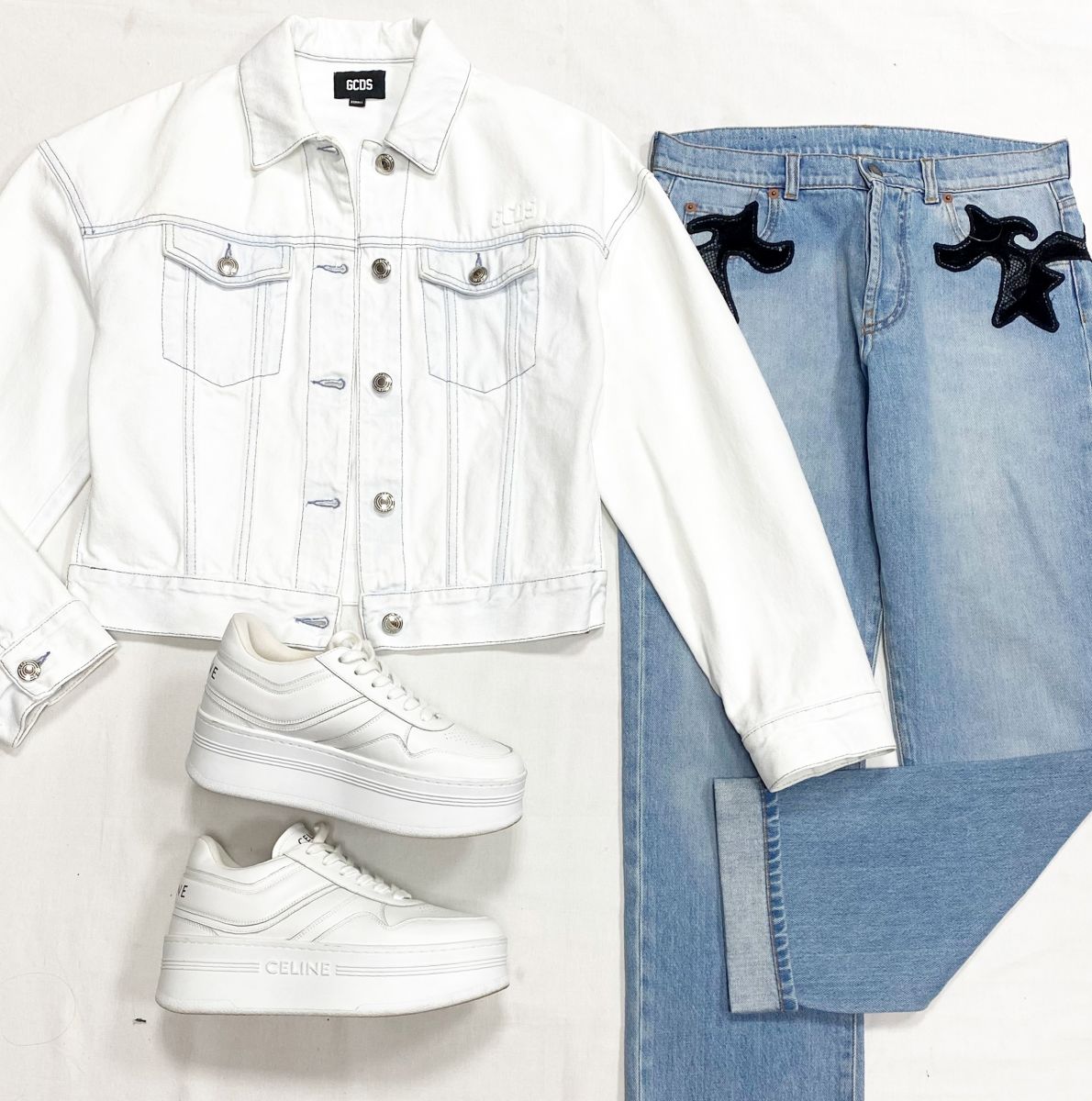 Куртка /камни/ Gcds размер XS цена 12 524 рубДжинсы Louis Vuitton размер 38 цена 12 524 рубКеды Celine размер 38 цена 46 965 руб