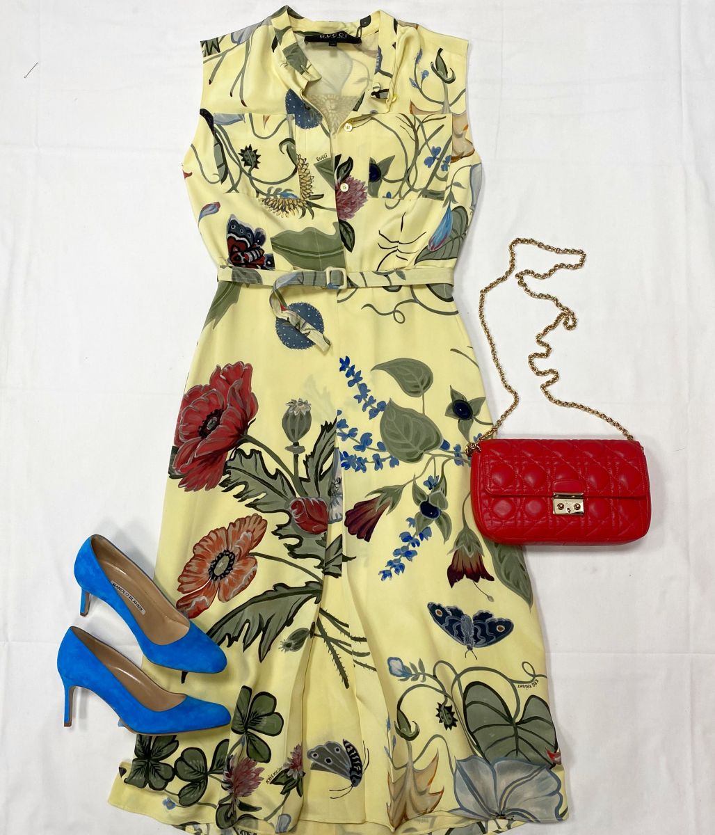 Платье / шелк / Gucci размер 40 цена 23 483 руб
Туфли Manolo Blahnik размер 35 цена 23 483 руб 
Сумочка Christian Dior