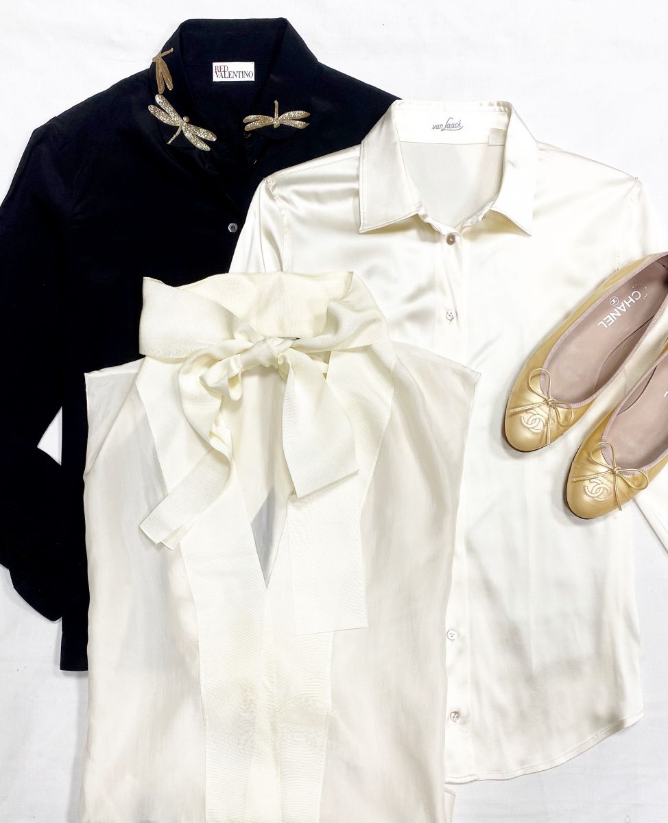 Блузки Red Valentino/ Van Laack размер 42 цена от 4 697 руб до 6 262 руб
Топ Lanvin размер 42 цена 7 828 руб
Балетки Chanel размер 37.5 цена 15 655 руб