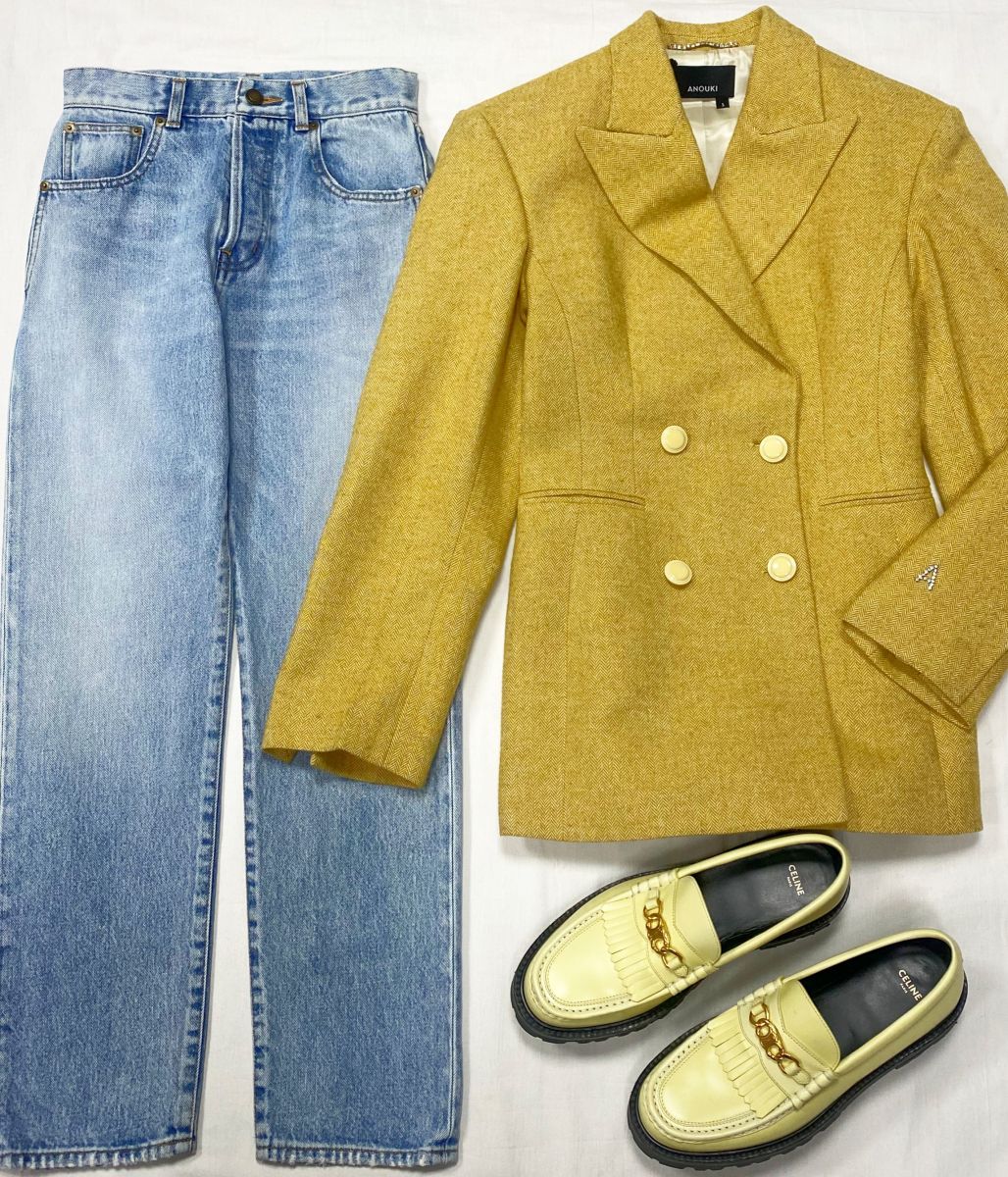 Жакет Anouki размер S цена 23 483 руб 
Джинсы Saint Laurent размер 26 цена 7 828 руб
Лоферы Celine размер 41 цена 39 138 руб