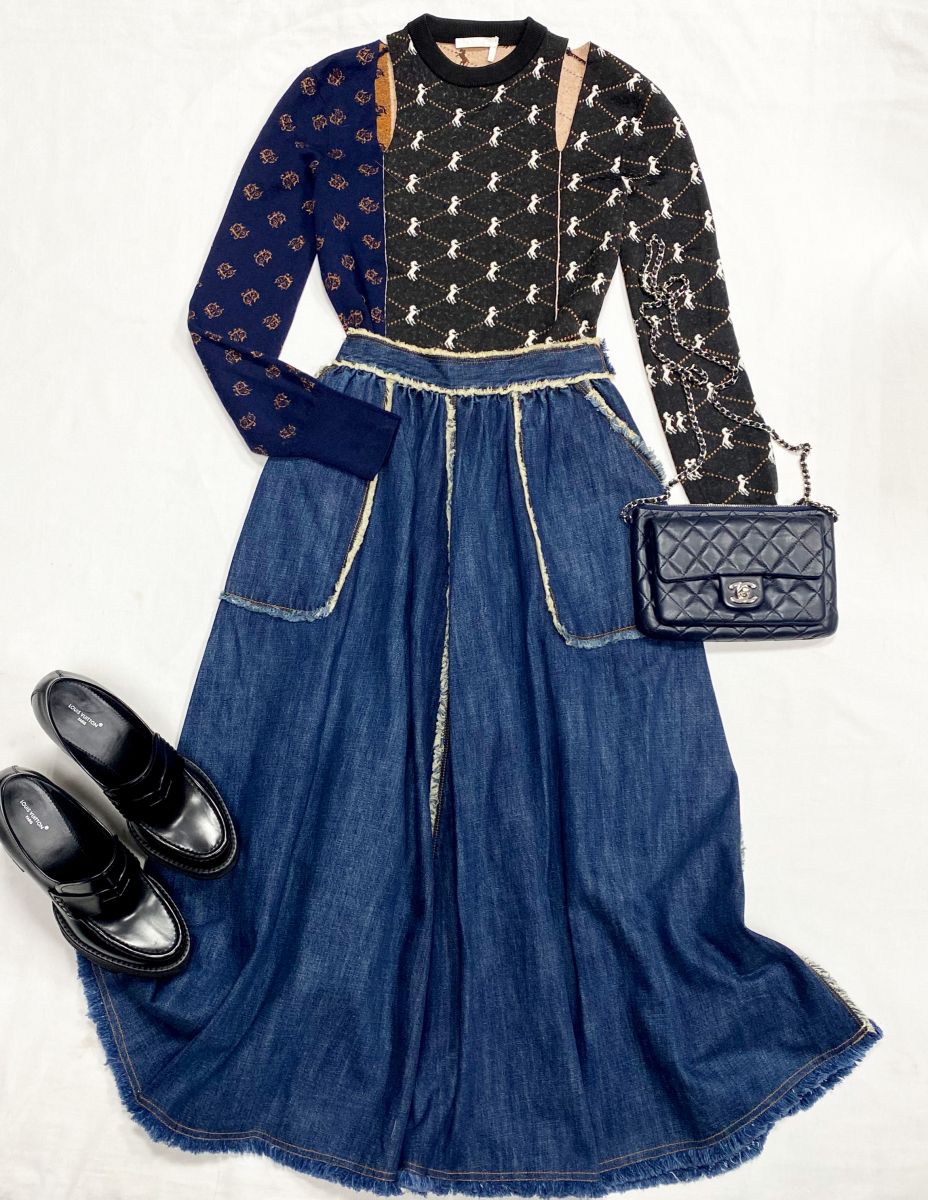 Юбка /джинса/ Christian Dior размер 36 цена 15 655 рубКофта Chloe размер M цена 7 828 рубБотильоны Louis Vuitton размер 38.5 цена 39 138 рубСумка Chanel