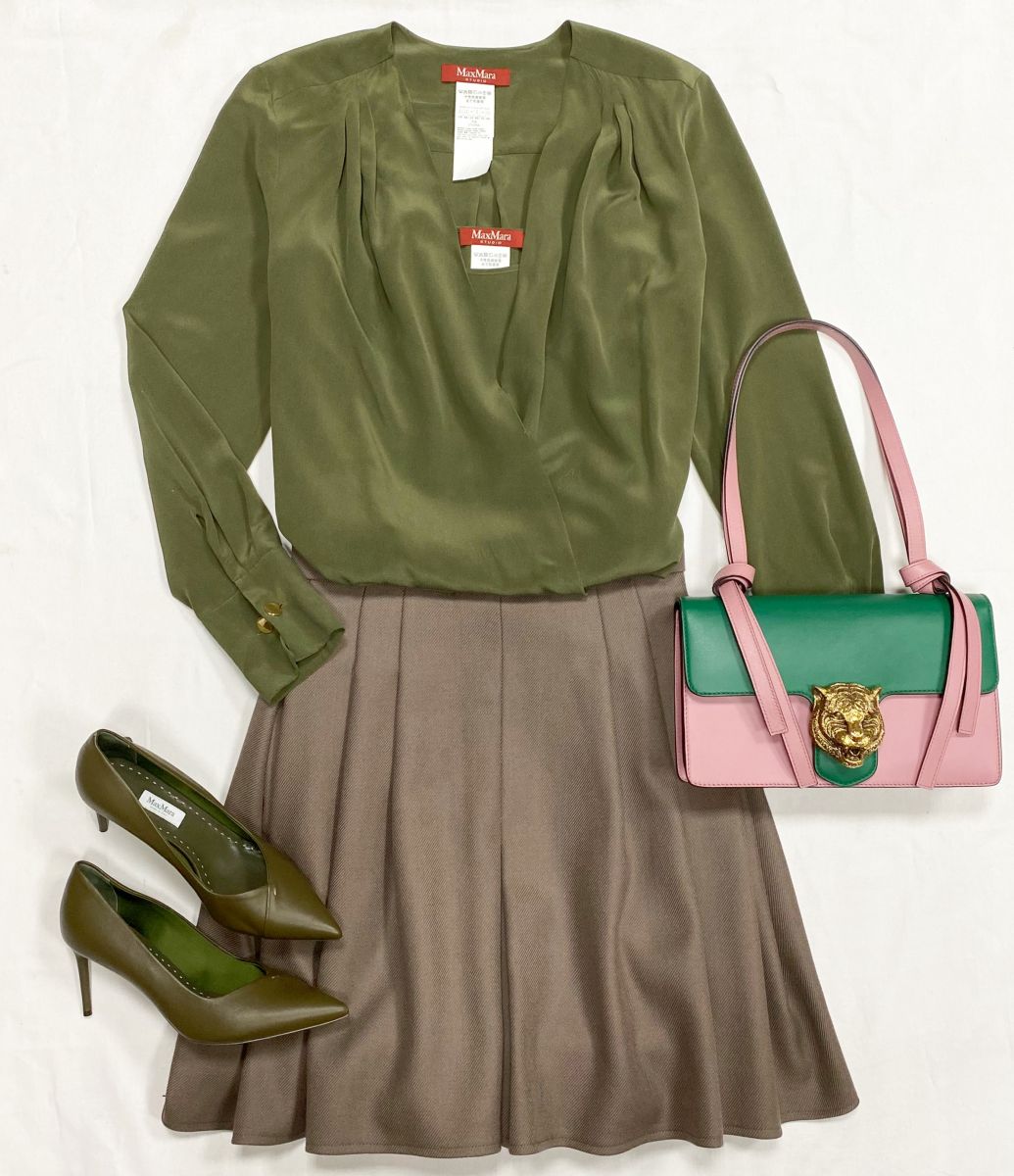 Блузка / шелк / двойная / Max Mara размер 44 цена 15 655 руб 
Юбка Max Mara размер 40 цена 7 828 руб 
Туфли Max Mara размер 37.5 цена 23 483 руб 
Сумка Gucci